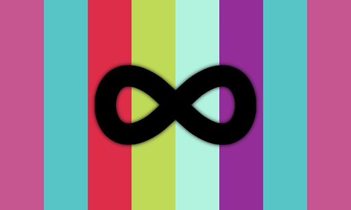 A flag with 8 equal vertical stripes. The colors are pink, blue, red, lime green, cyan, purple, blue, and pink. There's a black infinite symbol in the center.