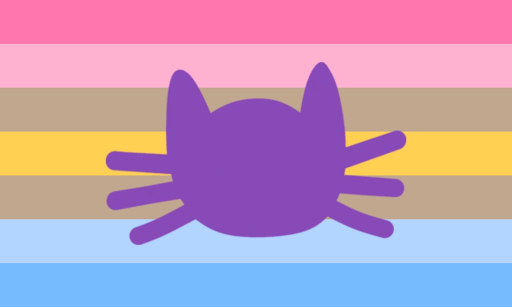 A flag with 7 equal horizontal stripes. The colors are hot pink, pink, light brown, mustard, light brown, light blue, and blue. There's a dark purple cat head in the center.