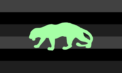 A flag with 6 equal horizontal stripes, the colors are symmetrical. The colors are grey, black, and dark grey. In the center is a lime green silhouette of a panther.