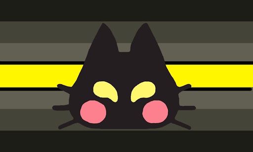 A flag with 7 equal horizontal stripes and symmetrical colors. The colors are dark grey, grey, light grey, and yellow. The yellow stripe is outlined in black. There's a black cat head with yellow eyes and pink cheeks in the middle.