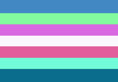 A flag with 7 equal horizontal stripes. The colors are dark blue, lime green, magenta, white, pink, cyan, and turquoise.