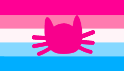 A flag with 5 equal horizontal stripes. The colors are hot pink, pink, white, light blue, and blue. There's a hot pink cat head in the middle.