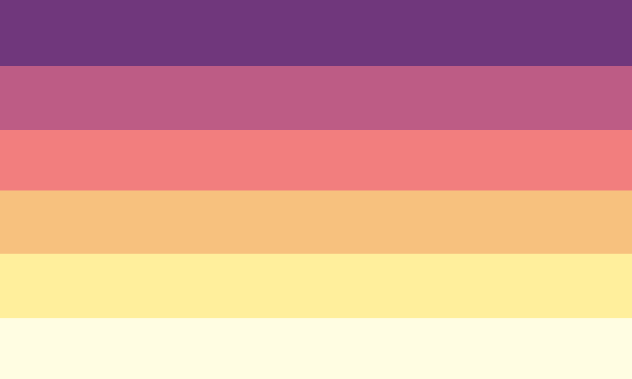 A flag with 6 equal horizontal stripes. The colors are purple, magenta, red orange, orange, yellow, and cream.