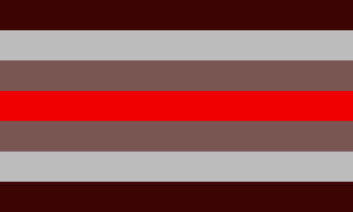 A flag with 7 equal horizontal stripes. The colors are symmetrical, they are dark red, light grey, grey-ish red, and red.