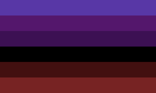 A flag with 6 equal horizontal stripes. The colors are blue-ish purple, purple, dark purple, black, dark red, and red.