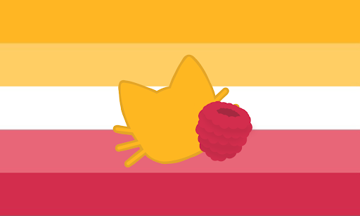 A flag with 5 equal horizontal stripes. The colors are orange, yellow, white, hot pink, and red. There's a orange cat head with a red raspberry in the middle.