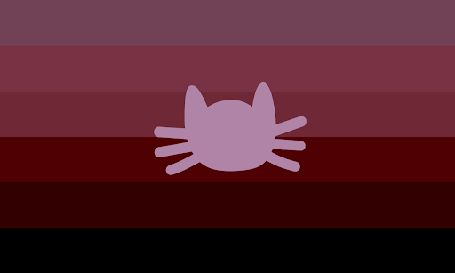 A flag with 6 equal horizontal stripes. The colors are a grandiet of pale purple to red to black. In the middle is a pale pink cat head.