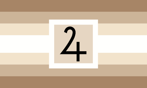 A flag with 7 horizontal stripes, the middle on is thicker than the rest. The colors are symmetrical, they are a grandiet of brown to brown-ish white. There's a square with a black symbol in the center. The black symbol is the number 4 with a curved end at the top.