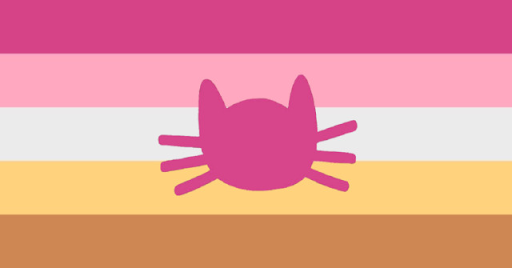 A flag with 5 equal horizontal stripes. The colors are hot pink, pink, white, yellow, and orange. There's a hot pink cat head in the middle.