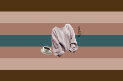 A flag with 7 equal horizontal stripes and symmetrical colors. The colors are brown, brown-ish white, light brown, and dark turquoise. There's pngs of a cup of coffee, a sweater, and a music note in the center.