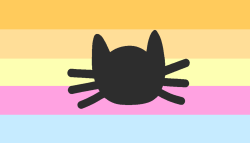 A flag with 5 equal horizontal stripes. The colors are orange, pale orange, yellow, pink, and light blue. A black cat head is in the middle.