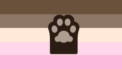 A flag with 5 equal horizontal stripes. The colors are brown, light brown, cream, light pink, and pink. There's a brown paw with light brown toe beans in the middle.