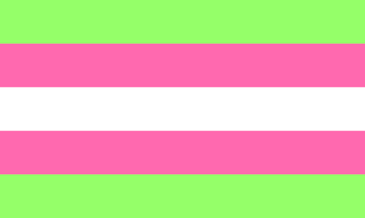 A flag with 5 equal stripes. The colors are symmetrical, they are lime green, pink, and white.