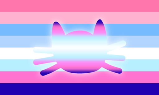 A flag with 8 equal horizontal stripes. The colors are hot pink, pink, blue, light blue, white, light blue, hot pink, and dark blue. There's a cat head colored with the webcoric flag.