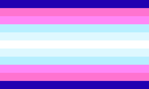 A flag with 11 equal horizontal stripes and symmetrical colors. The colors are dark blue, hot pink, magenta, light blue, pale light blue, and white.