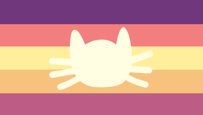 A flag with 5 equal horizontal stripes. The colors are purple, orange-red, yellow, orange, and magenta.