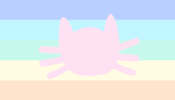 A flag with 5 equal horizontal stripes. The colors are pale blue, pale cyan, pale green, pale yellow, and pale orange. There's a pale pink cat head in the center.