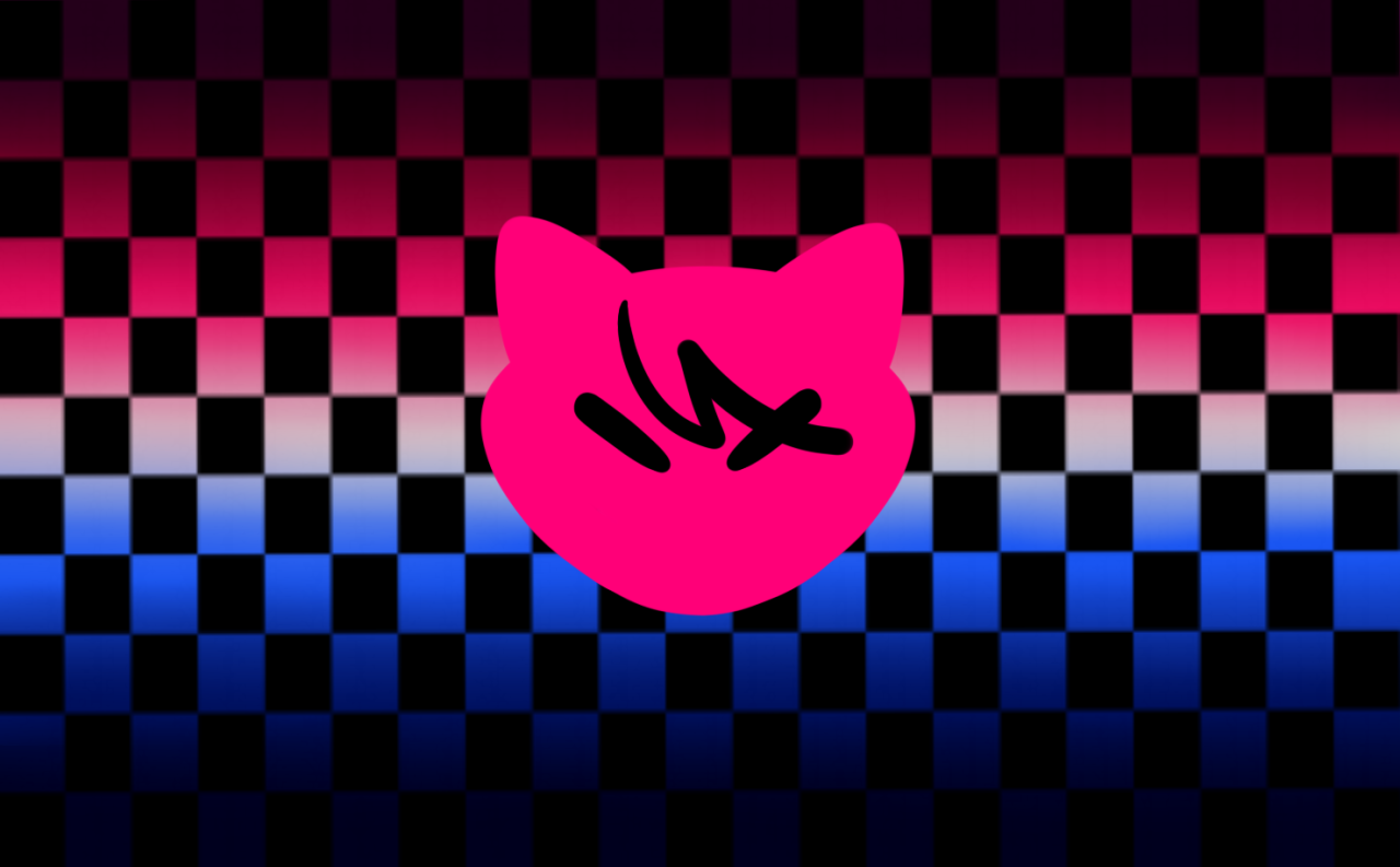 A flag with a black checker pattern with a grandiet of pink, white, and blue. There's a hot pink cat head with a hair tuft and closed eyes.