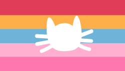A flag with 5 equal horizontal stripes. The colors are red, orange, light blue, light pink, and pink. There's a white cat head in the middle.