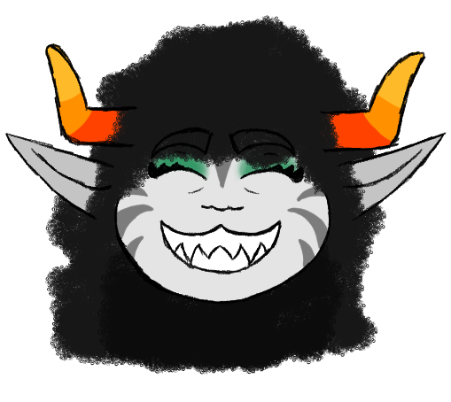 A troll with face paint on, resembling a cat. She has cat fangs and jade eyeshadow. She is smiling wide at the viewer.