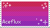 A stamp of the Aceflux pride flag. It has Aceflux in white, pixel text in the bottom left corner and sparkles in the other corners.