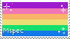 A stamp of the mspec pride flag. It has Mspec in white, pixal text in the bottom left corner and various sparkles in the other corners.