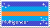 A stamp of the multigender pride flag. It has Multigender in white, pixel text in the bottom left corner and various sparkles in the other corners.